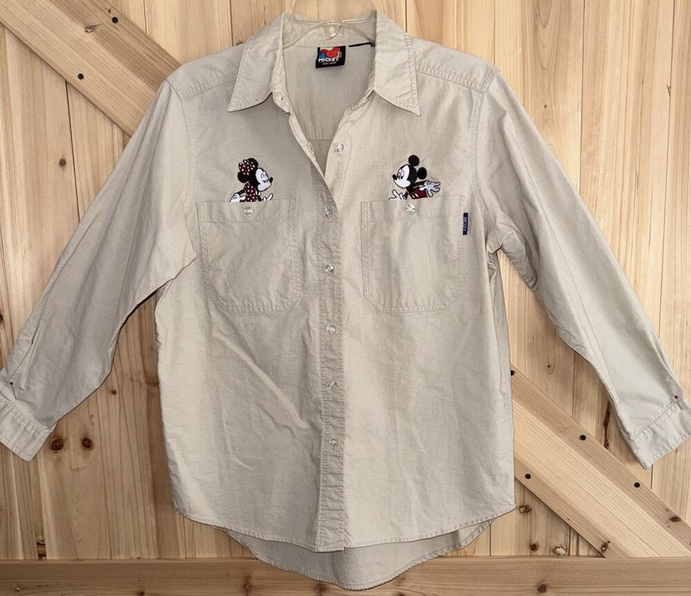 VTG Disney Minnie Mickey Limited Jerry Leigh Khaki Button Up Shirt * No Tag Sz M